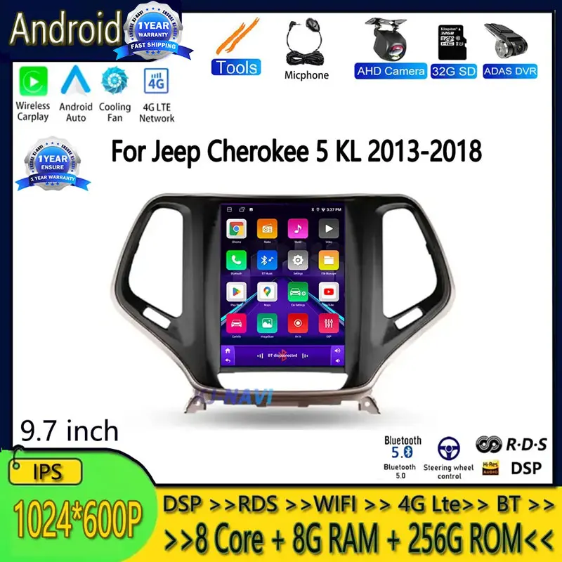 Android 14 для Jeep Cherokee 5 KL 2013-2018 IPS BT автомобильный мультимедийный плеер навигационная