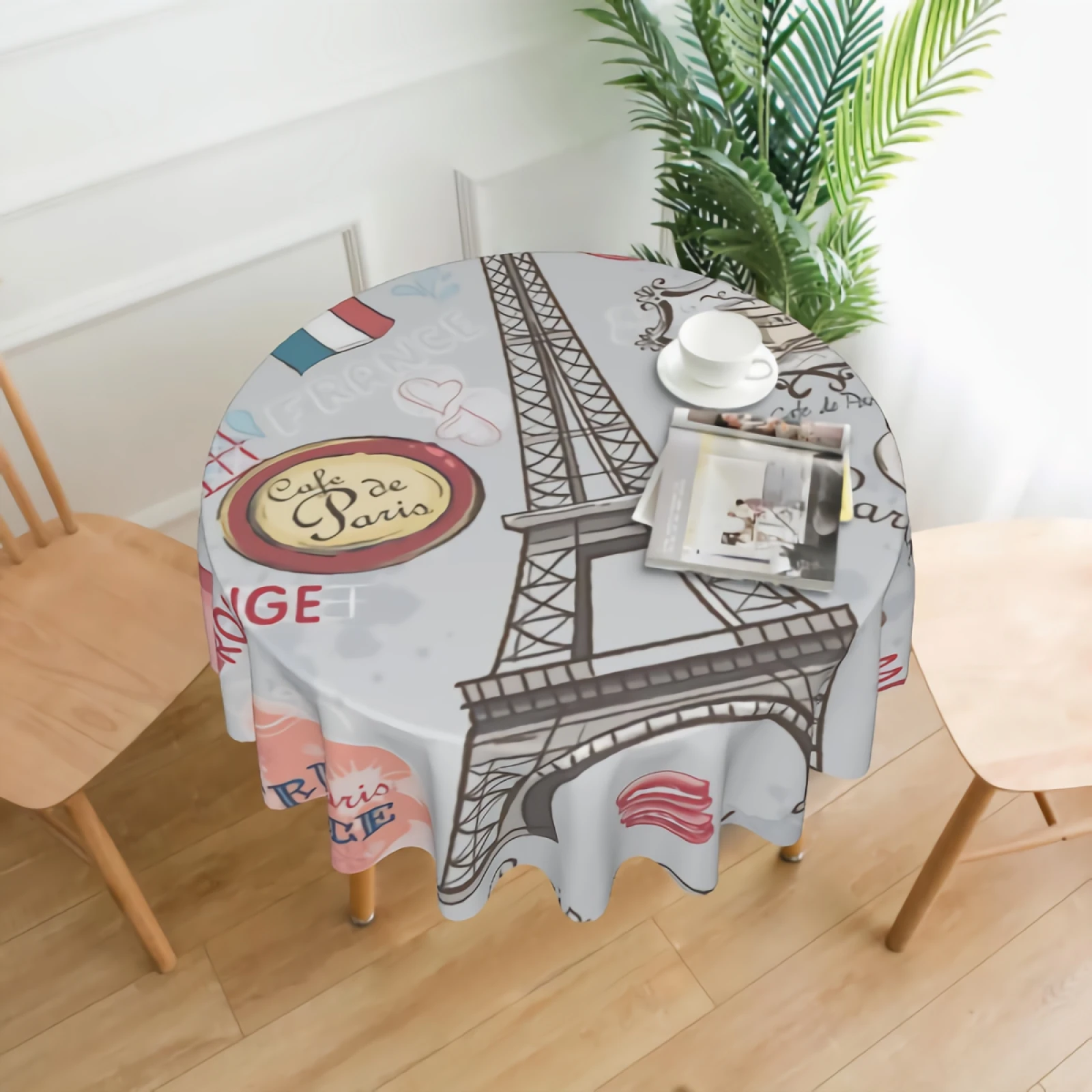 

The Sights Of Paris Round Tablecloth Waterproof Eiffel Tower Landmark Table Cloth Cover Washable 60" Dining Decorative f