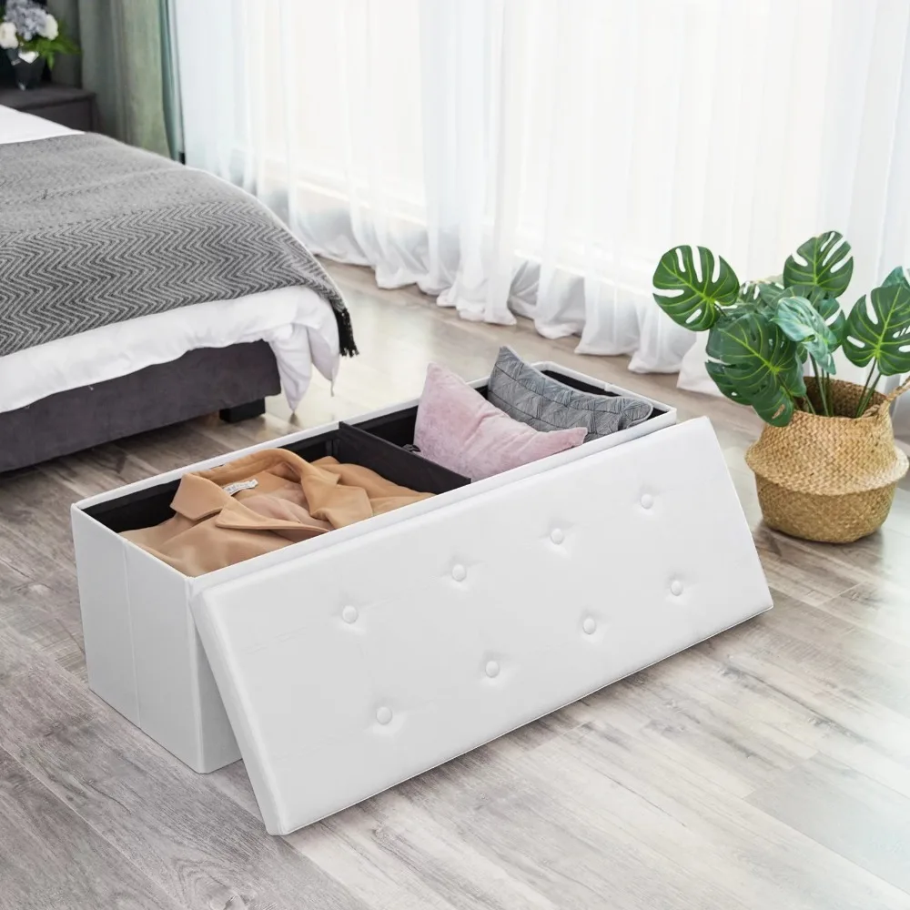 

43 Inches Storage Ottoman Bench Folding White Ottoman with Storage Footrest Hold 660lb for Living Room White Storage Bench