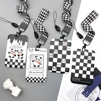 black and white panda badge holder with lanyard toy doll bear credentials accessories key chain ring students name photo id card