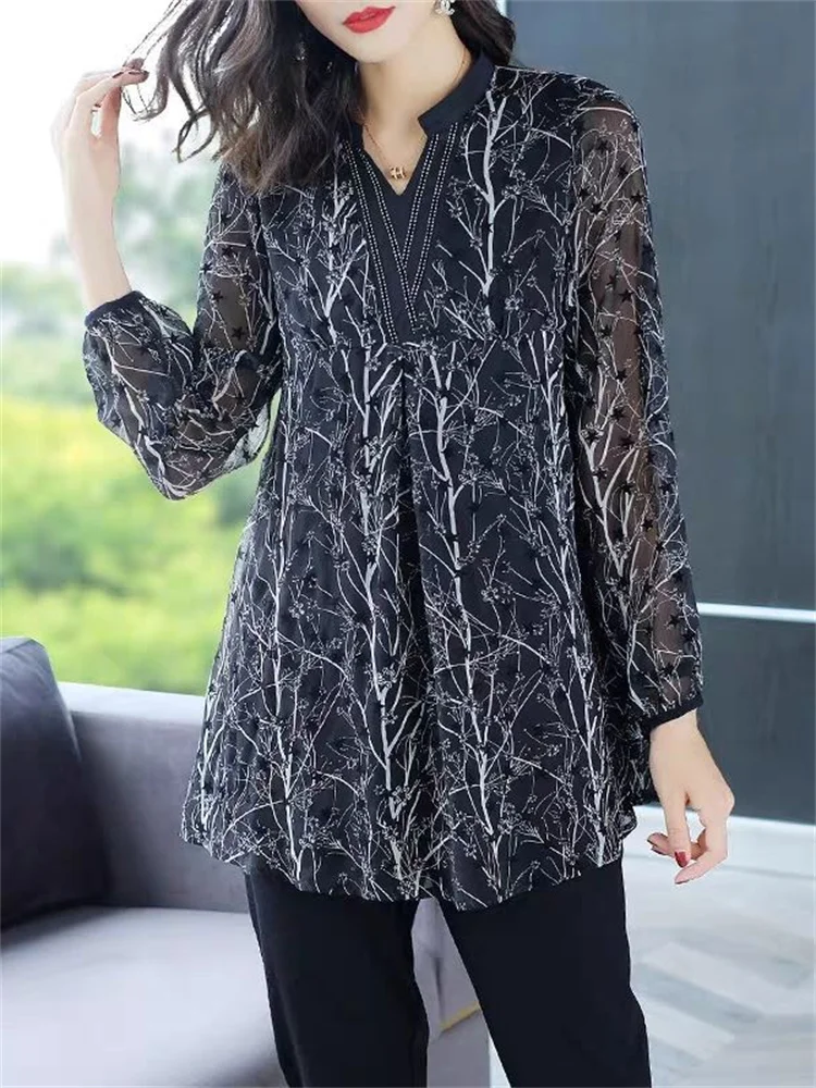 

Fashion Women Spring Summer Style Chiffon Blouses Women Csual Long Sleeve 7XL Print Loose Shirt Elegant Women Tops