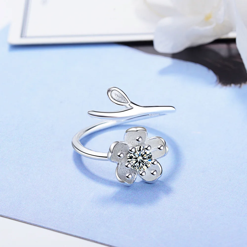 

925 Stamp Silver Sakura Adjustable Open Finger Rings For Women Girls Wedding Dorpshipping Anelli Fine Party Jewelry