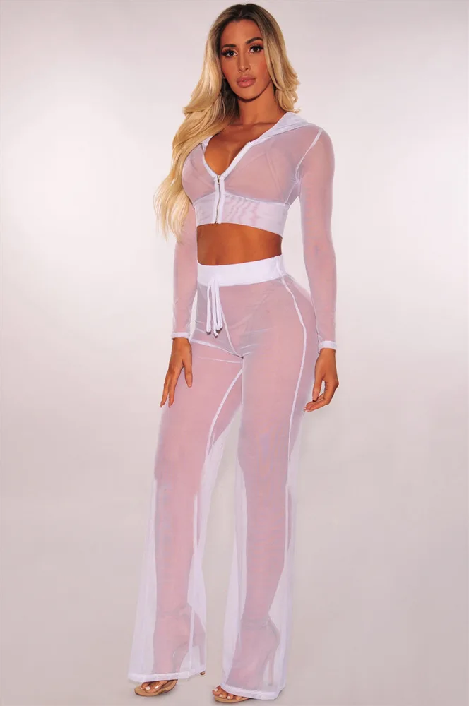 C4603 Europe Fashion Women's Sexy Mesh Clothes Set Lady Hooded Long Sleeve Crop Top + Pants Lace Transparent Clothing Suit