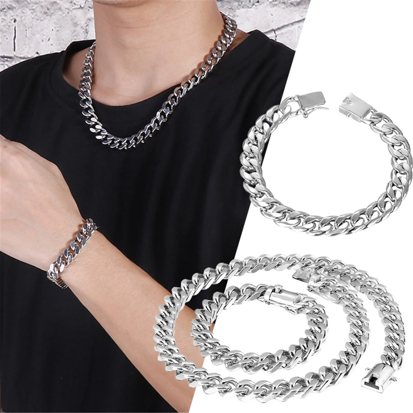 Square Buckle Two Piece Fashion Silver Necklace Bracelet Set Bulky Necklaces for Women Rose Laye Necklace