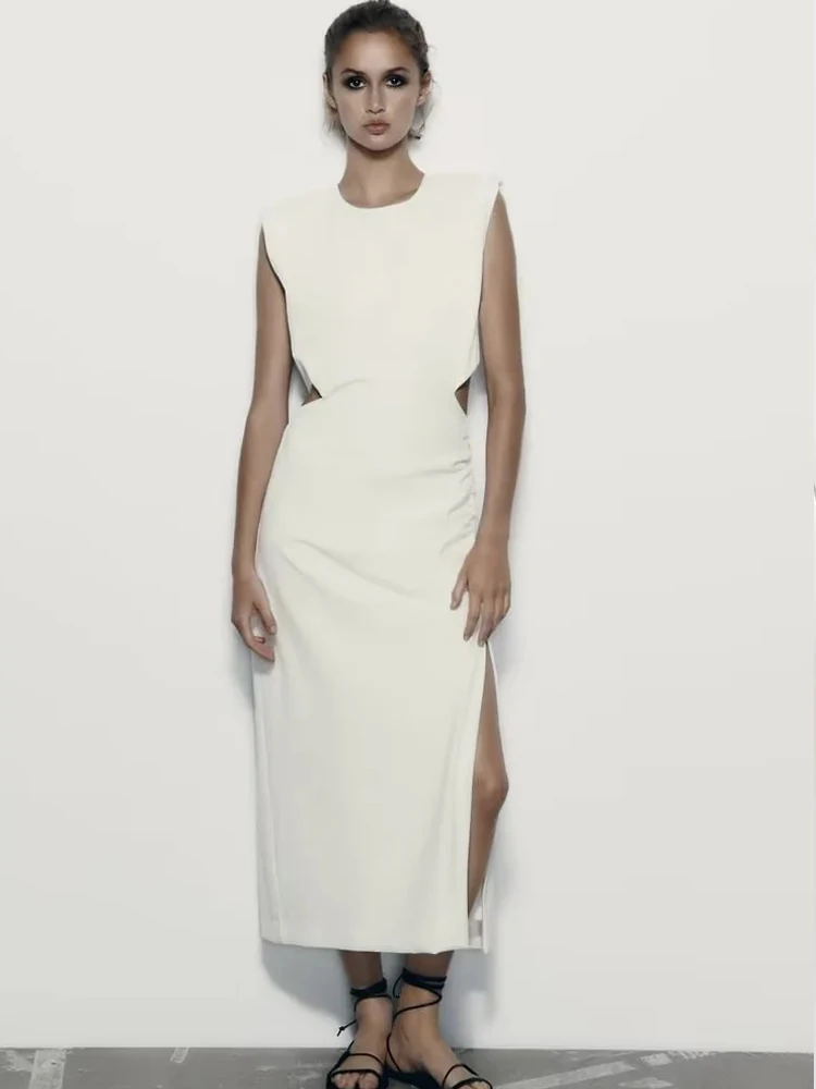 

PB&ZA ladies round collar sleeveless waist split shift dress