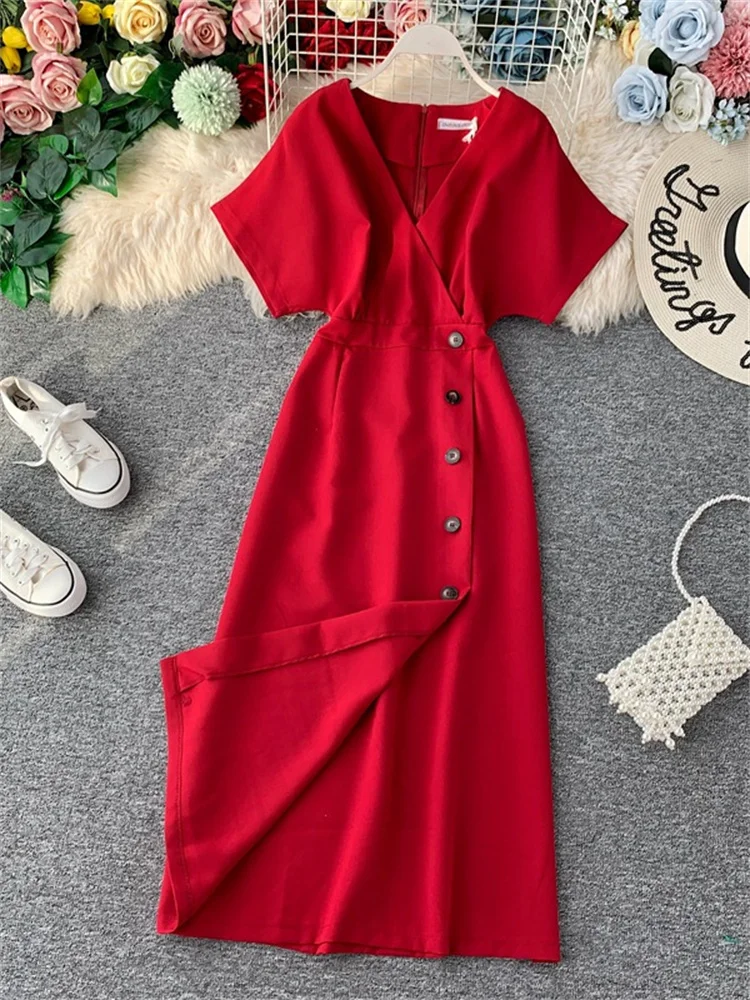 

Fashion Spring Ladies Fashion 2022 New Split Vintage Single Breasted Dress High Waist V Neck Short Sleeve Solid Chic Women Dress