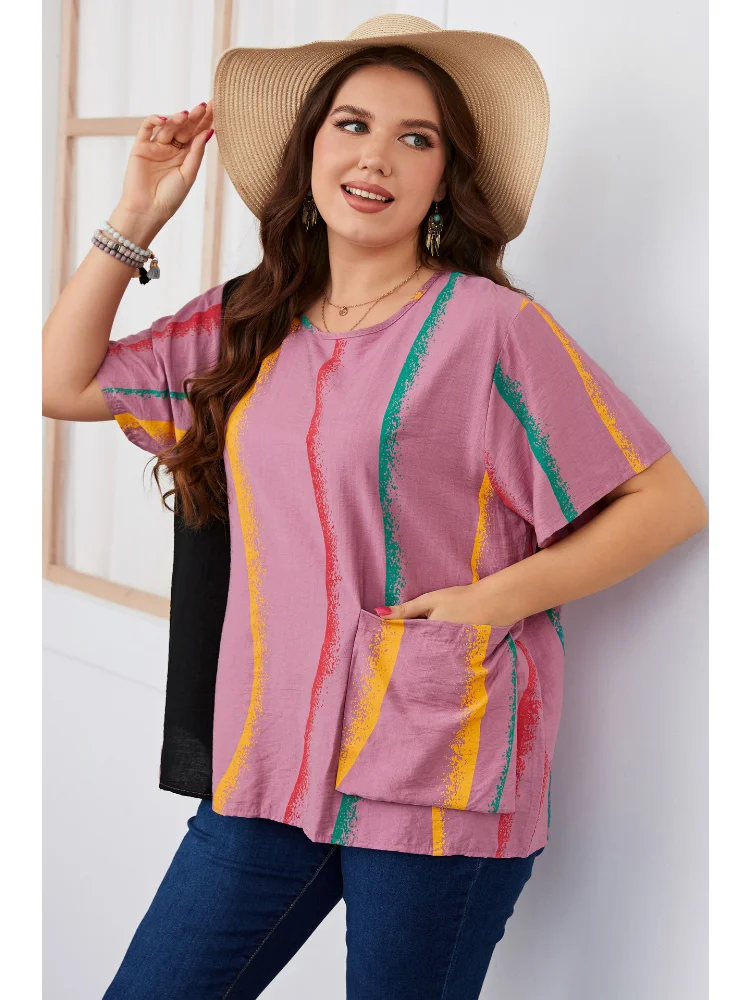 Summer Stripe Contrast Plus Size Women's Shirt Round Neck Women's Dress women tops and bloues  t-shirts