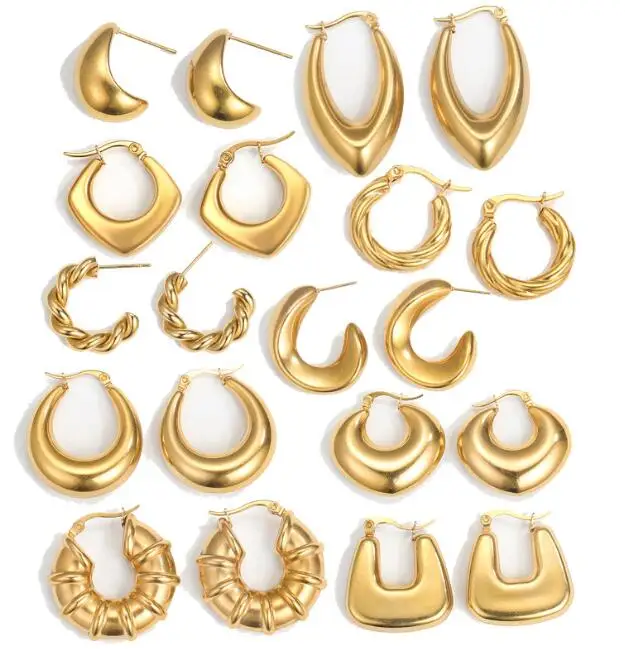 

Waterproof Tarnish Free Jewelry Croissant Textured Chunky Earring Stainless Steel 18K Gold Plated Huggie Hoops Earrings