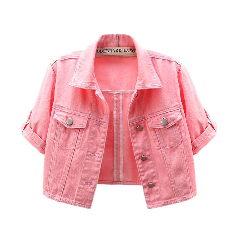 

Summer Fashion Pink Denim Jacket Coat Women Slim High Waist Short Cowboy Outerwear Short Sleeve Big Pocket Jeans Jacket Female