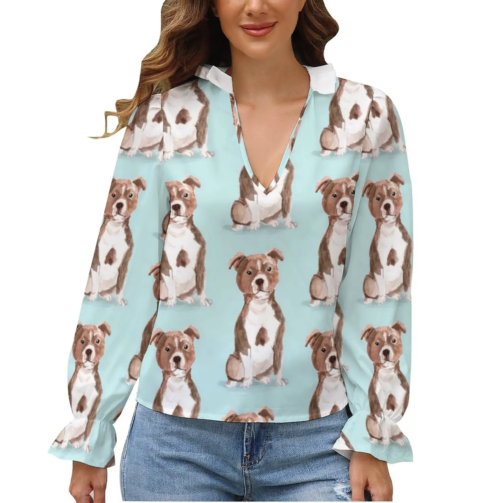 

Staffordshire Bull Terrier Blouse Pet Ruffled Plus Size Evening Girls Shirt Cute Long Sleeve Shirts