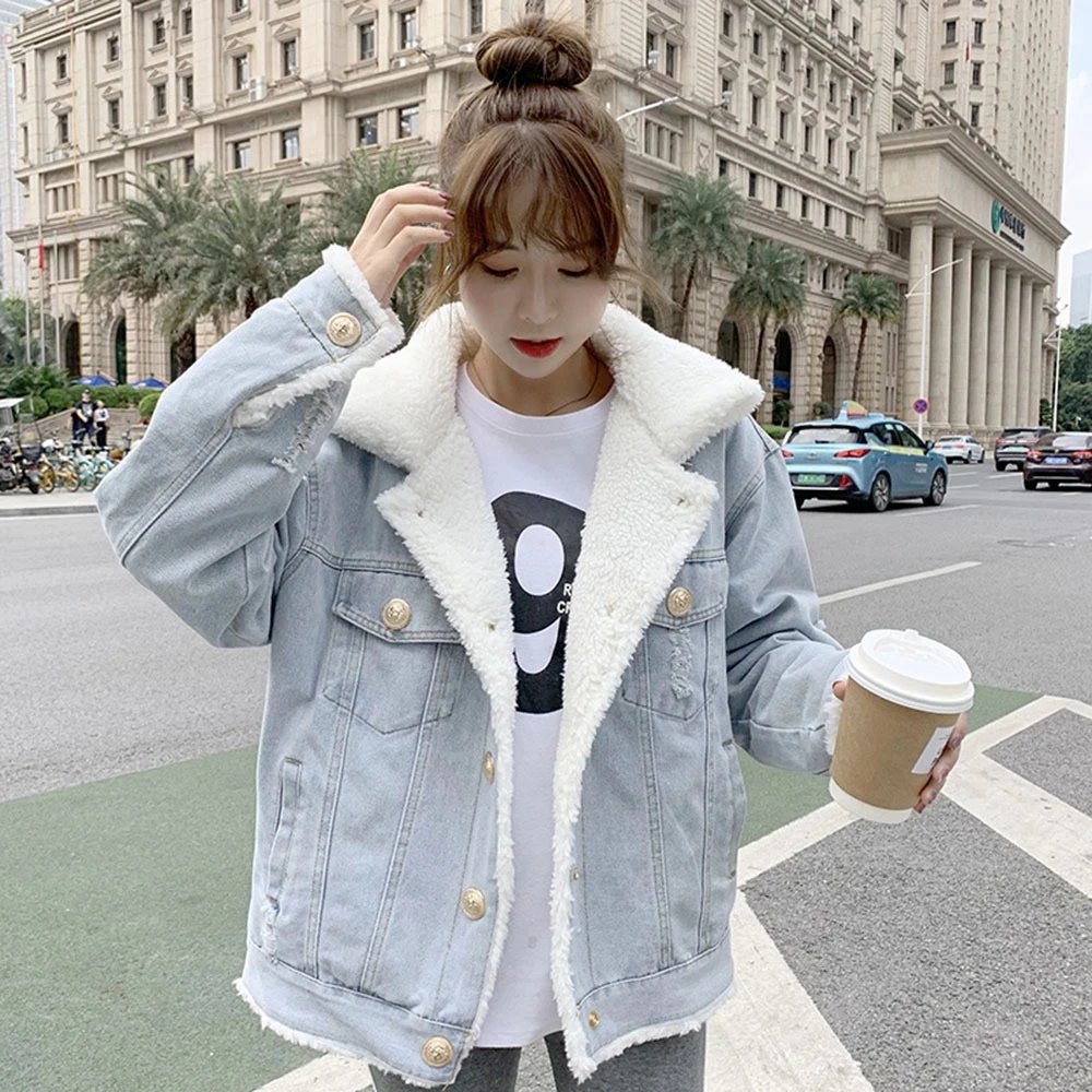 

Winter Denim Jacket for Women Autumn 2022 New Thick Lambswool Lining Warm Denim Jackets Korean Plus Velvet Casual Jean Outwear