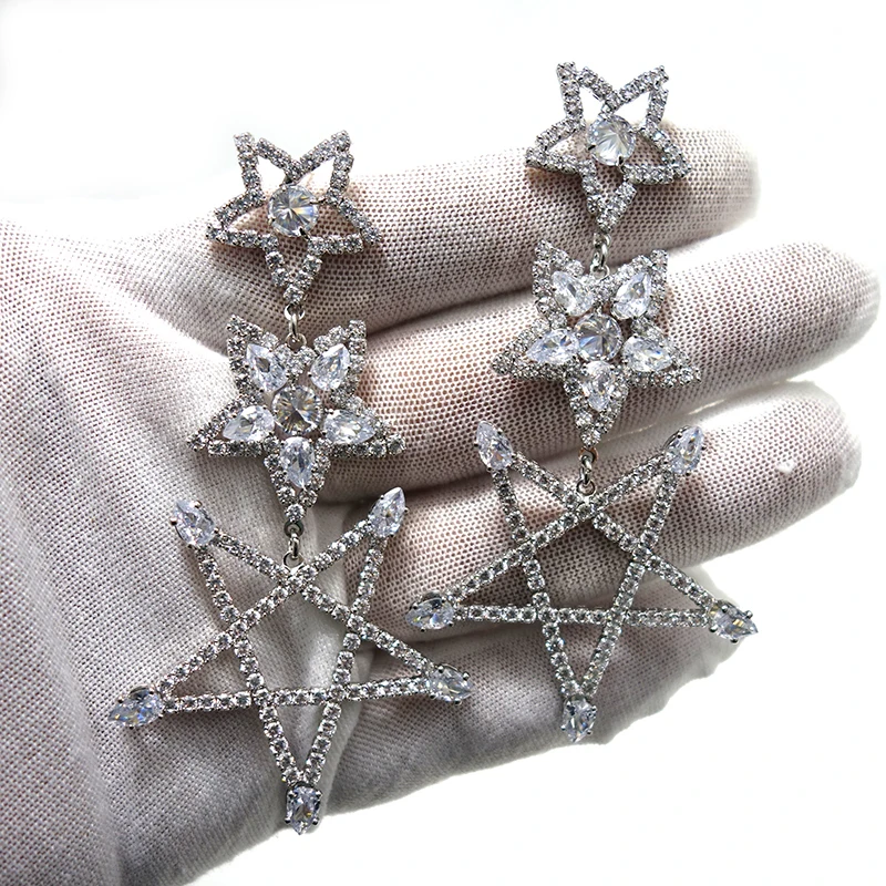 

Trendy long star Cubic Zircon Crystal CZ Drop Dangle Earring For Women Bridal Earring aretes de mujer modernos 2020