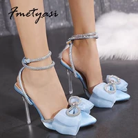 2022 new lace bow sandals ladies crystal chain ankle strap high heels pointed toe transparent heel wedding shoes bride