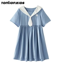 ton lion kids summer girls fashion floral print solid color sailor dress with short sleeves and round neck pleated