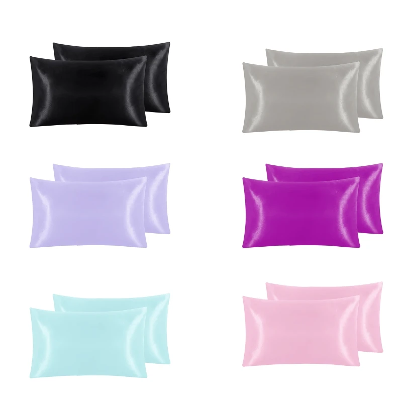 

2Pcs/Pair Imitation Silk Pillow for CASE Solid Color Satin Smooth Cushion Cover Comfortable Home Bedding Rectangle Pillowcase