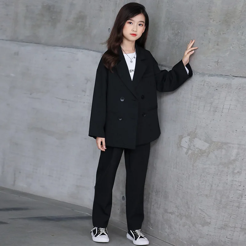 

2022 New Kids Girls Boys Suits Korea Streetwear Fashion Casual Loose Double Breasted Suit Blazers Jacket Pant Children Teenager