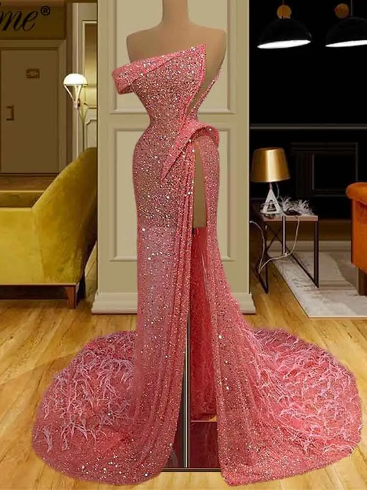 2022 Sexy Mermaid Prom Dresses One Shoulder High Split With Train Sparkly Prom Dress Evening Gown Robe De Soirée