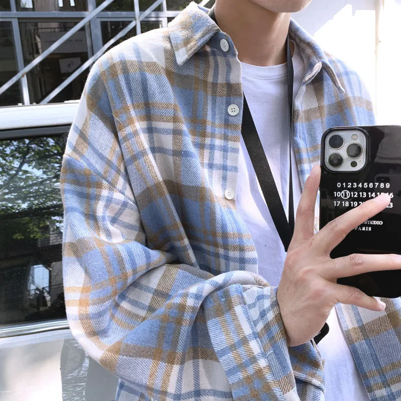 Autumn Thicken Woolen Shirt Men Fashion Retro Casual Plaid Shirts Mens Streetwear Korean Loose Long-sleeved Shirts Men M-2XL