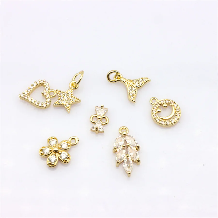 10Pcs Brass Micro Zirconia Inlay Pendant Fishtail Love Leaves Necklace Connectors For Diy Jewelry Earrings Making Accessories