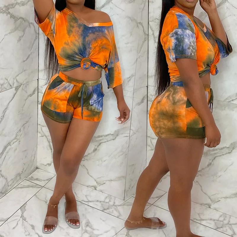 

2023 summer new women's tie dye printed shorts set casual two-piece