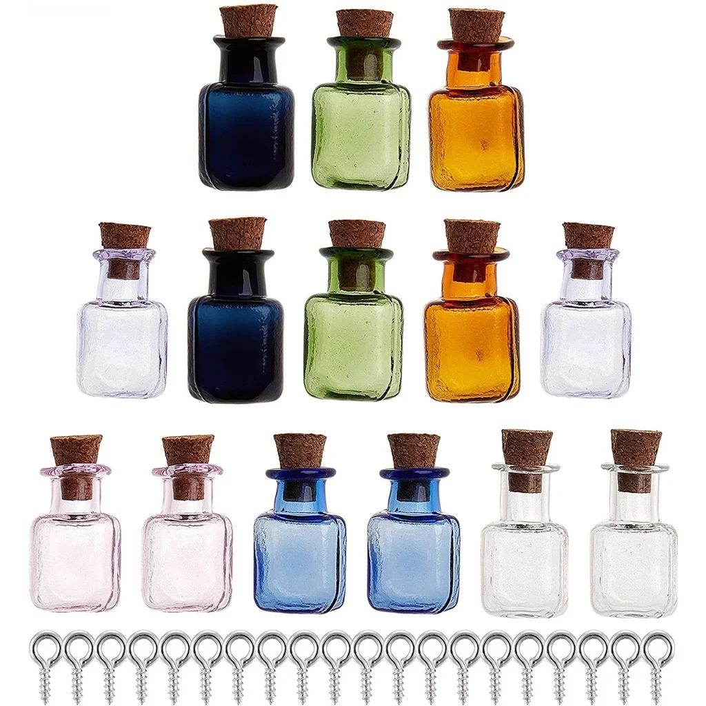 

14Pcs Mini Glass Color Bottles Tiny Jars Vials Rectangle Wishing Bottles Cute Bottles with Cork for Party Wedding DIY Decoration