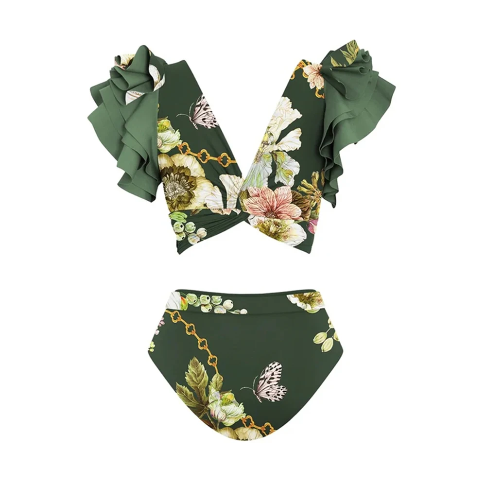 2023 New Ruffled Floral Print Bikini Split-joint Swimsuit Vintage Bathing Suit Women's Swimming Set Summer Beach Wear High Waist