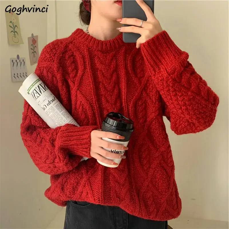 

Red Pullovers Women Solid All-match Holiday Autumn O-neck Stretchy Simple Basic New Design Korean Fashion Trendy Ins Hot Sale