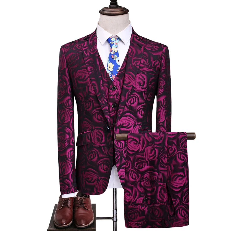 

Blazers Jacket Trousers Vest Sets / 2022 Fashion New Men's Casual Boutique Flower Suit Coat Pants Waistcoat