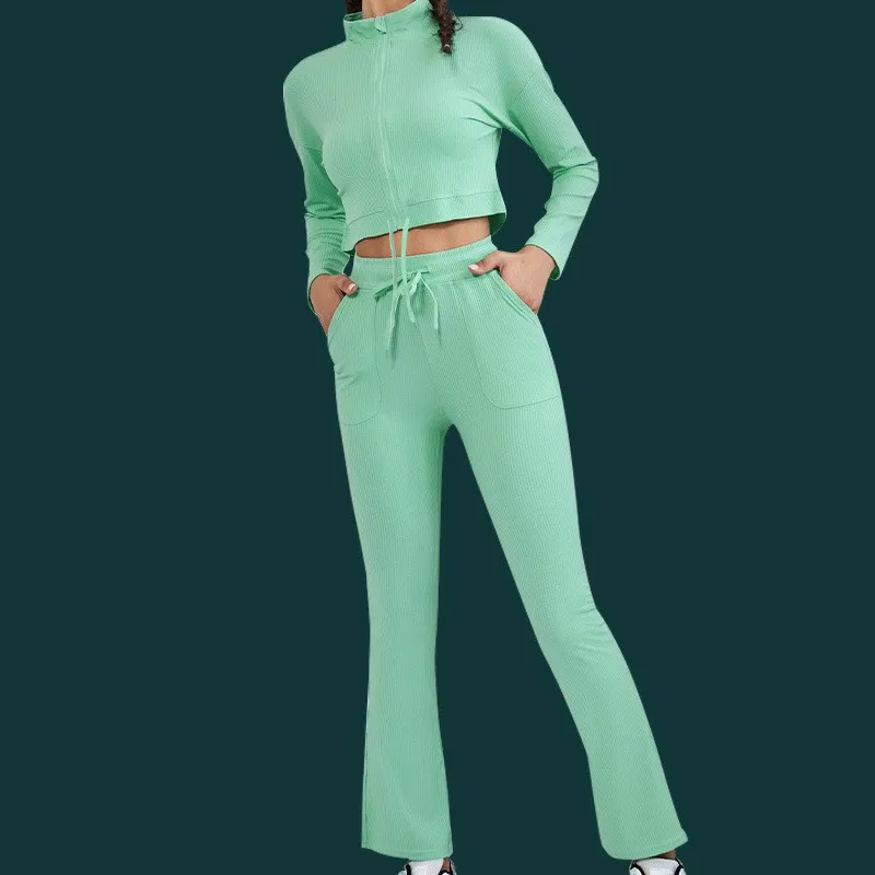 New Solid Drawstring Breathable Shockproof Gathering High Waist Hip Pants High Neck Zipper Slim Fit Top Sports Fitness Yoga Set