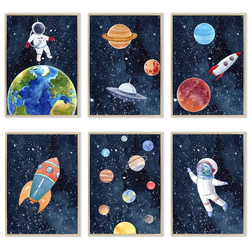 

Cartoon Outer Space Posters and Prints Astronaut Planet Rocket Earth UFO Nursery Wall Art Canvas Painting for Baby Kids Room