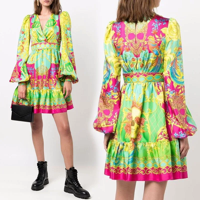 

luxury designer Branded Woman Dress Exaggerated Lantern Sleeve vintage hippie Floral Print High Waist party Dresses for Women
