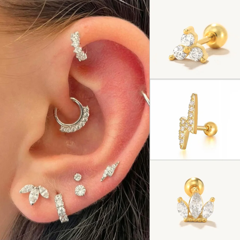 

1PC Helix Flat Piercing Cartilage Earrings Women Gold Color Zircon Ear Tragus Bone Ring Stud Earings Fashion Body Chic Jewelry