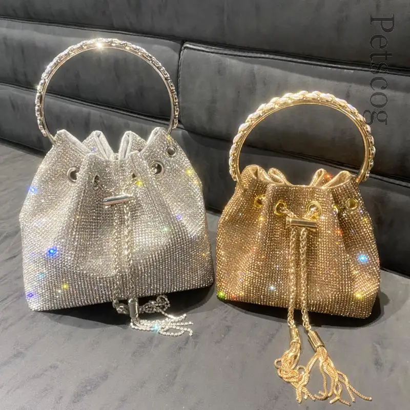 

Diamonds Tassel Evening Clutch Bags Women Designer Luxury Chain Metal Ring Handle Shiny Crystal Bucket Purse Wedding Party Bag