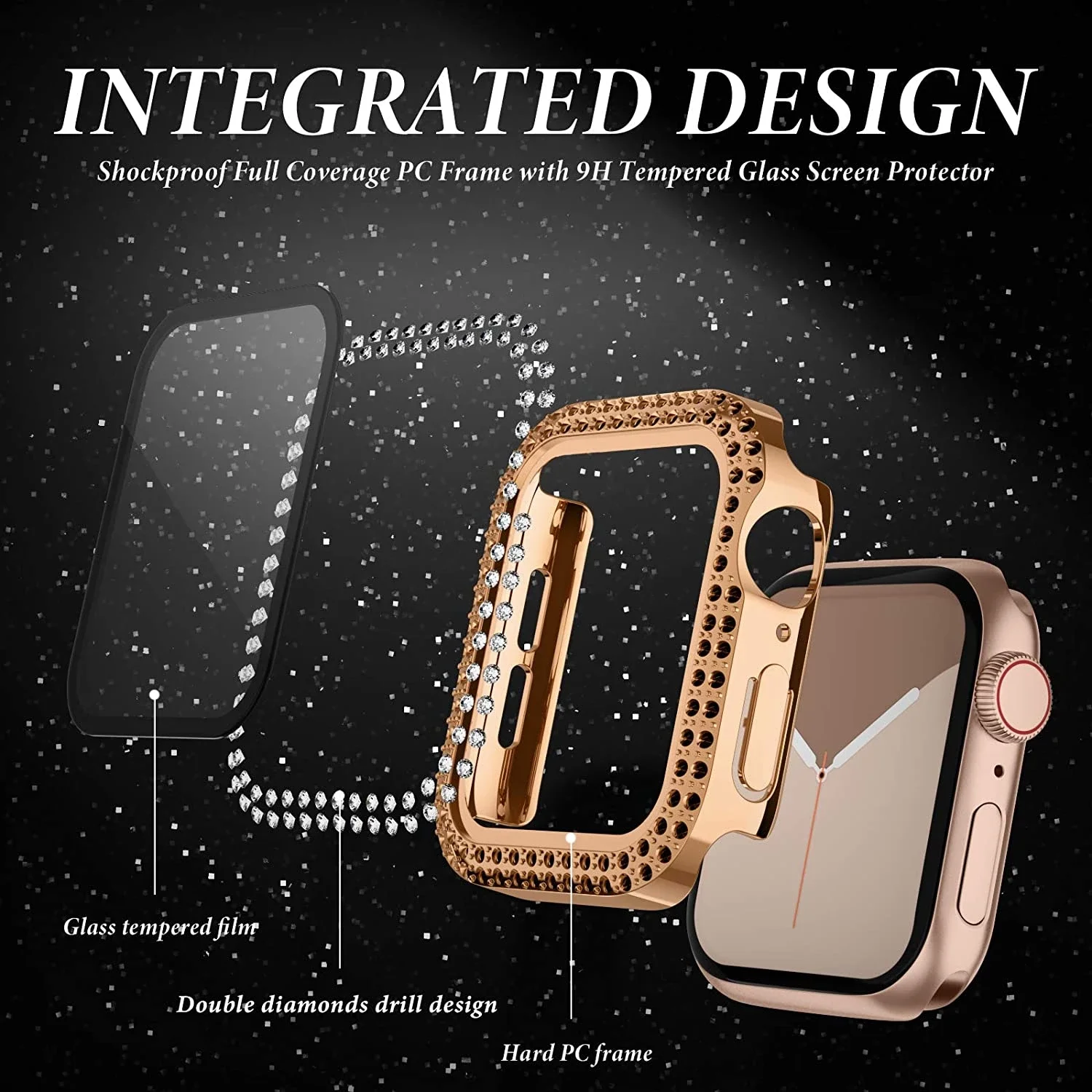 Чехол со стразами и стекло для Apple Watch SE Series 7 6 4 3 5 2 блестящий чехол Iwatch 41 45 мм 38 42 40 44
