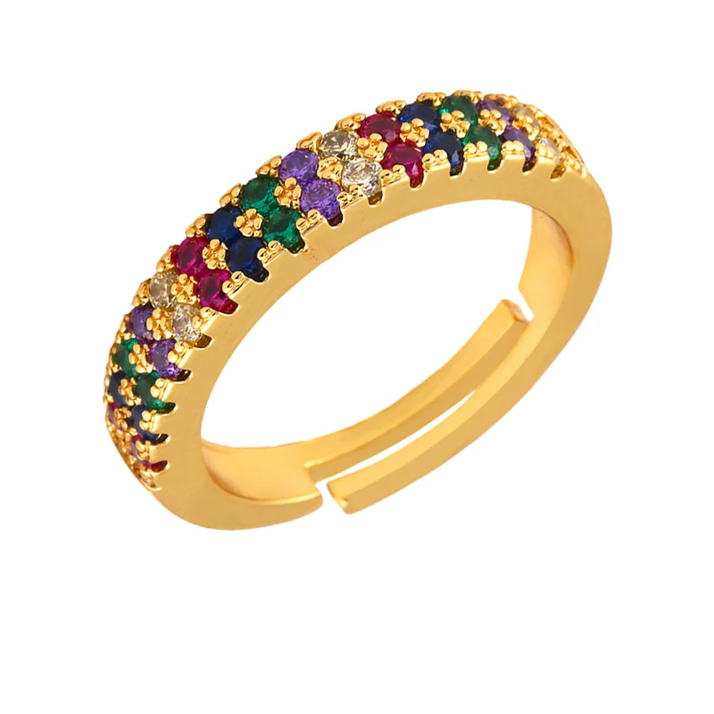 

Luxury Rainbow CZ Gold Rings For Women Micro Pave Colorful Zirconia Open Adjustable Ring Charm Gorgeous Fashion Jewel