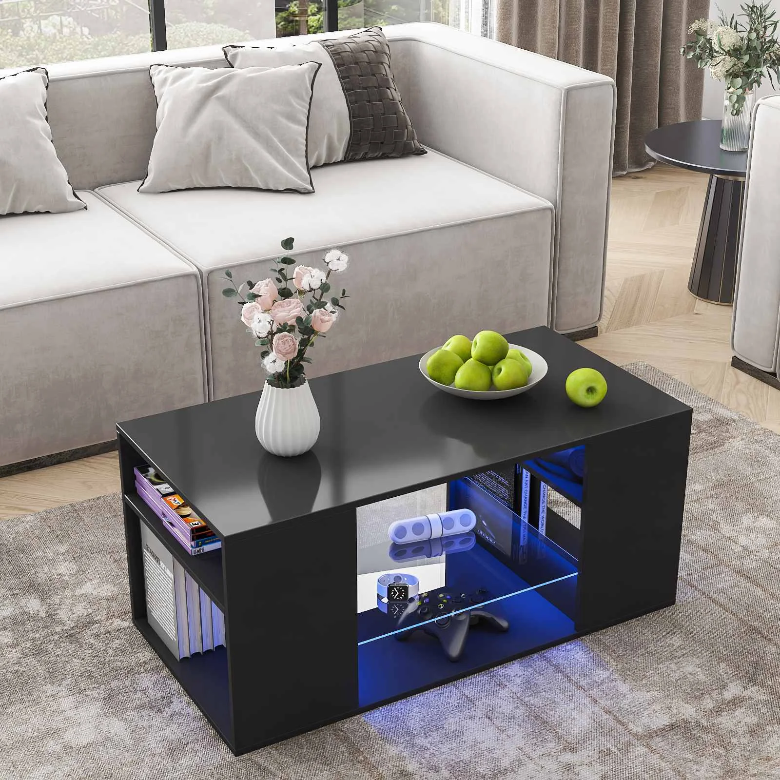 

LED Coffee Tables for Living Room Modern Black with 3 Shelves Open Glass Storage Center Table Sofa Cocktail Table with 16 Colors