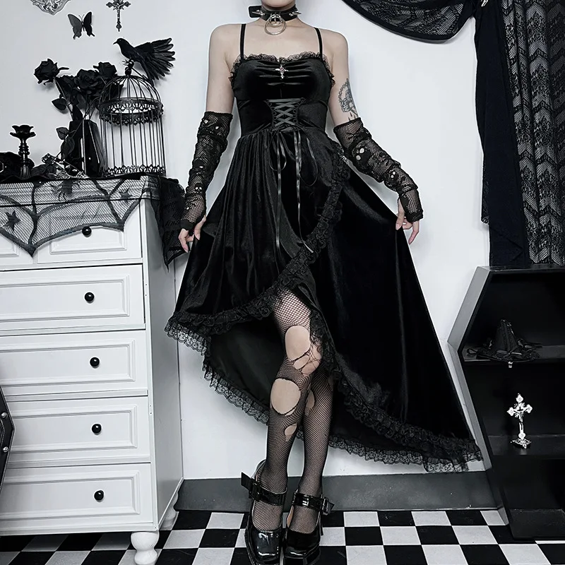 

Goth Dark Velvet Elegant Grunge Style Midi Dresses Mall Gothic Lace Trim Sexy Sling Dress Bandage Backless Women Party Alt Cloth