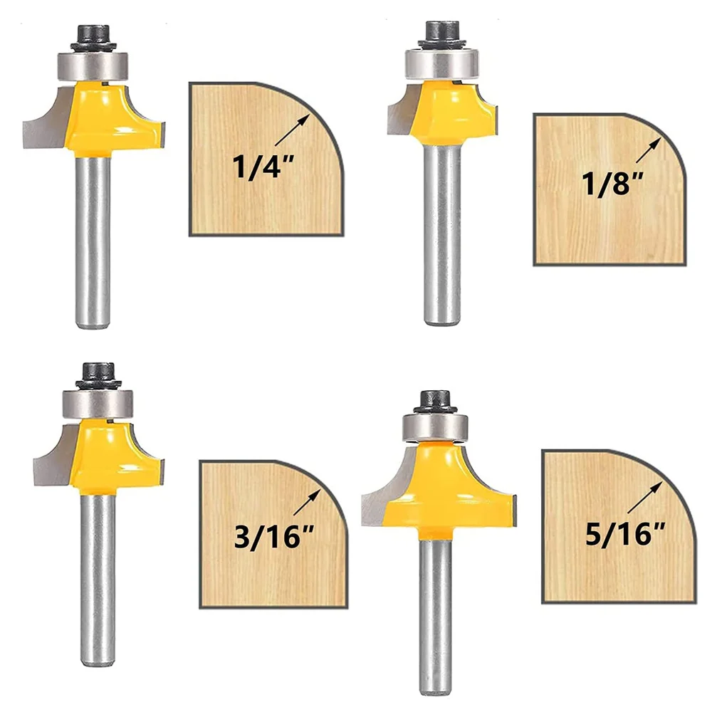 

4pcs Premium C2 Carbide Roundover Router Bit Set 1/4 inch Shank R 1/8" to 5/16" Durable Woodworking Tool