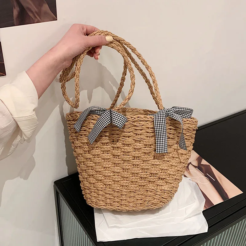 Women Popular Straw Shoulder Bags New Bow Handbag National Style Fashion Simple Bucket Women Bag