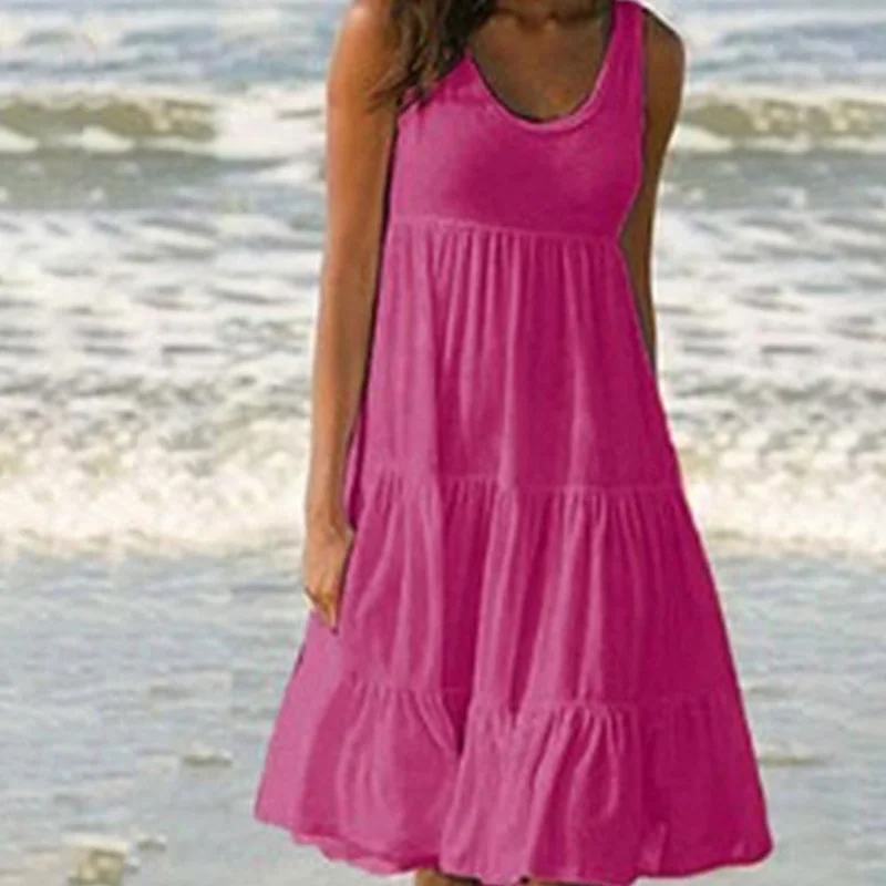 

Women O Neck Sleeveless Ruffles Mini Dress Boho Solid Beach Sundress Oversized Loose Dress 2023 New Summer Dazzling Beach Skirt