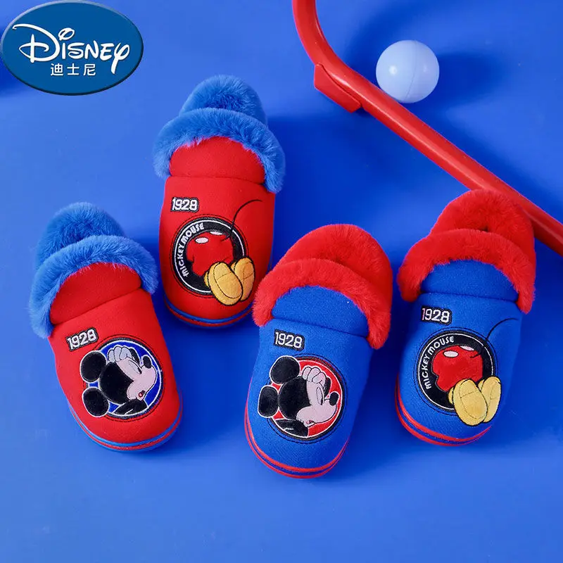 Disney Home Shoes Slipper For Childrens Mickey Mouse Winter Warm Cotton Red Blue Non-slip Indoor Shoes For Kids Size 15-18cm