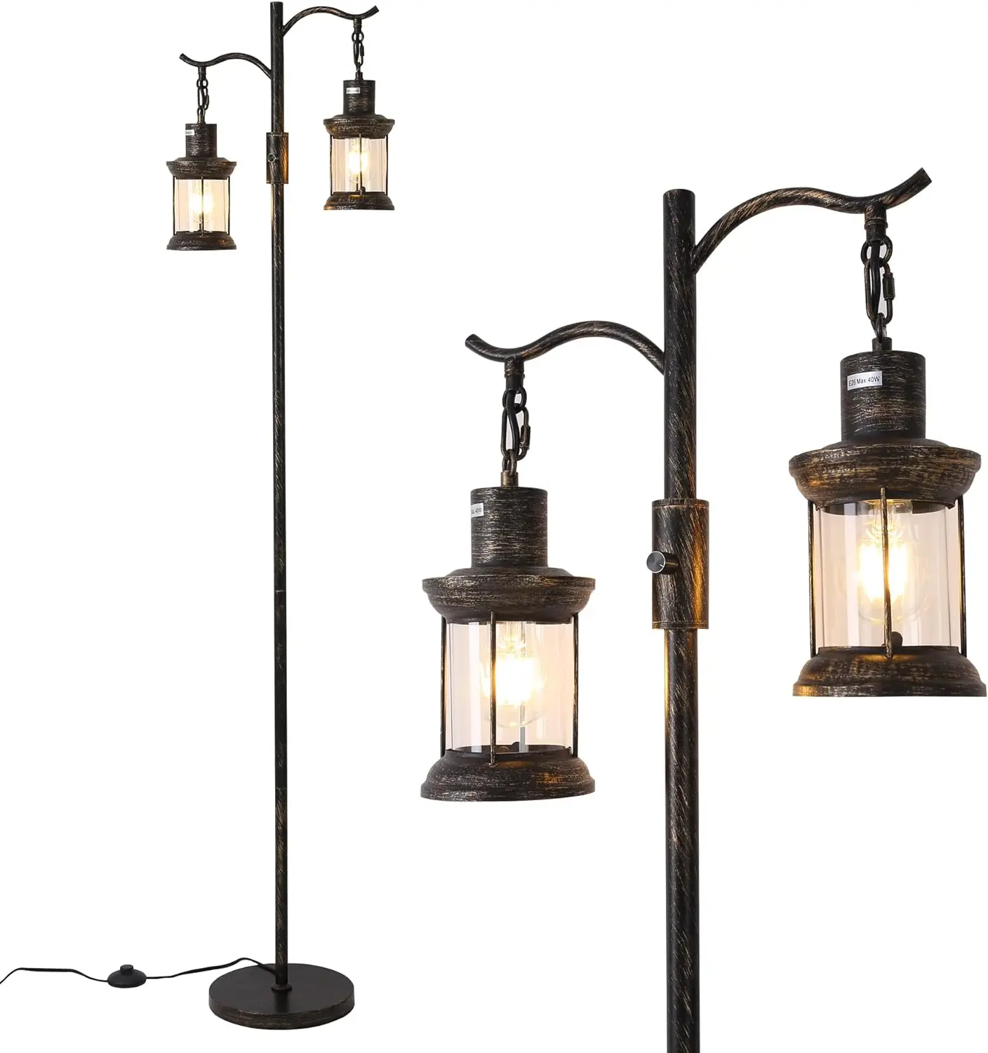 

Dimmable Floor Lamp,2 Classical Lanterns Standing Lamp, Rustic Farmhouse Floor Lamp with Bronze Gold Finish, for Living Room Bed