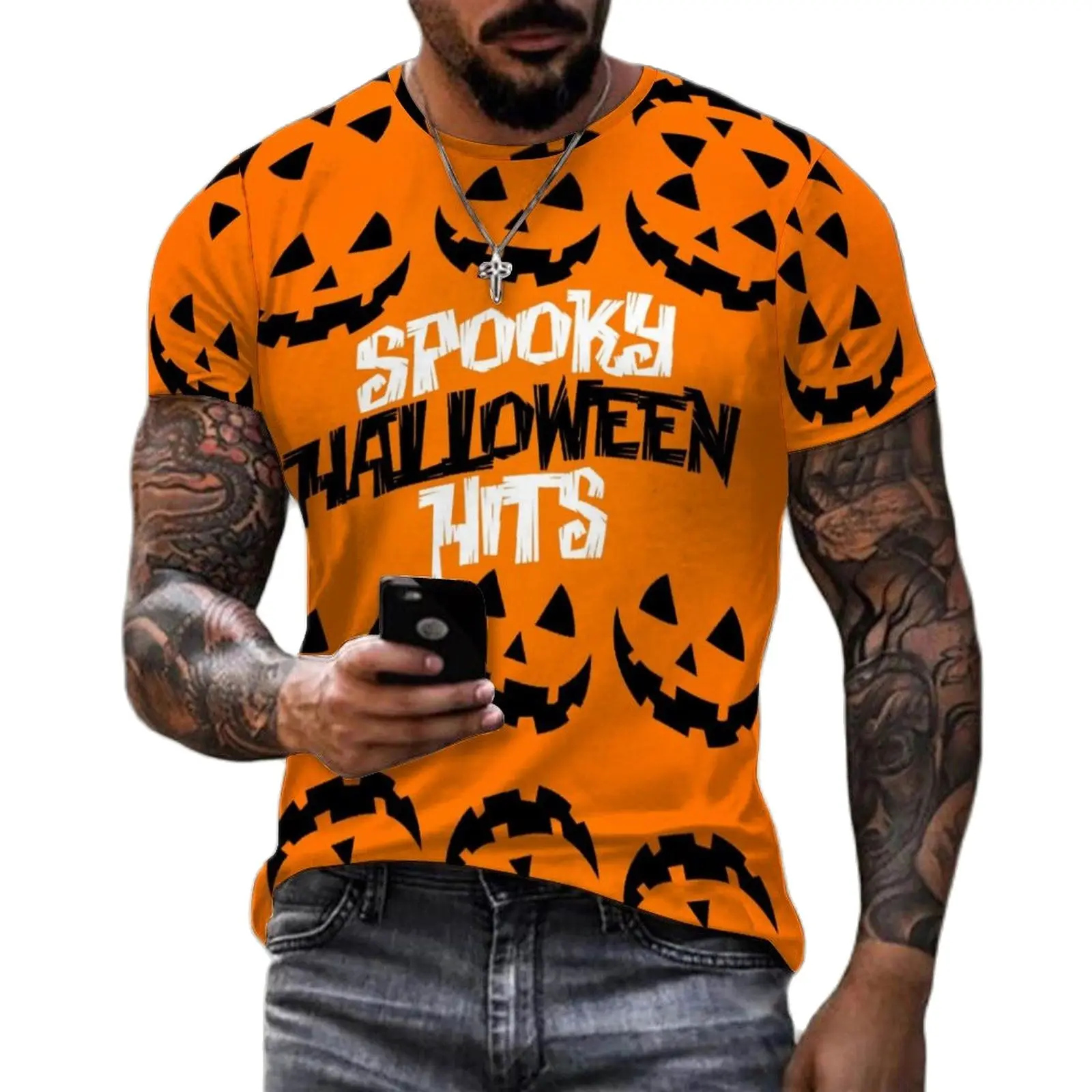 

Horror Halloween Pumpkin Graphic Men's T-shirts Hip Hop Street Summer Round Neck Loose Short Sleeve Tops Oversized T Shirts 6XL