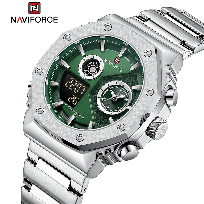 głosowania NAVIFORCE męski klasyczny kwarcowy analogowy zegarek cyfrowy LCD 3ATM wodoodporny z wyświetlaczem dnia i daty na co dzień NF9216S