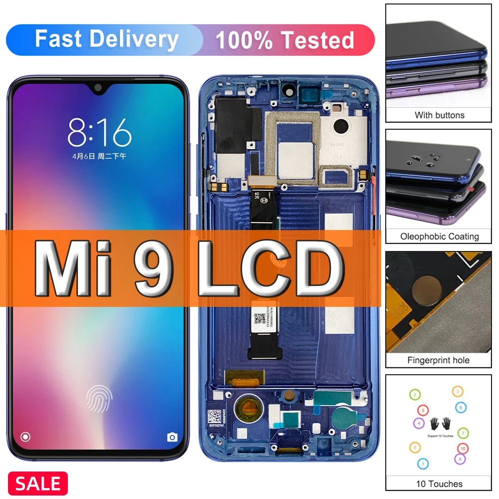 ЖК-дисплей AMOLED для Xiaomi Mi 9 Mi9 с сенсорным экраном и дигитайзером в сборе с рамкой для Xiaomi Mi9 M1902F1G сменный экран