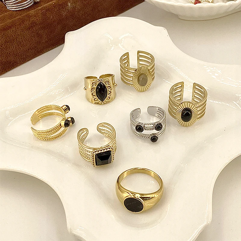 

Bohemian Open Ring Stainless Steel Ring for Women Vintage Luxury Natural Stone Adjustable Openning Rings Summer Party Jewelry