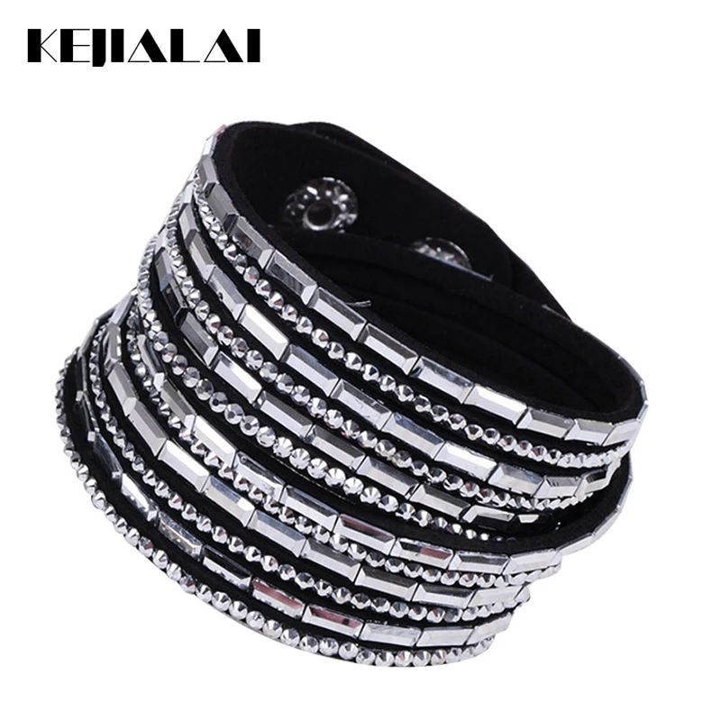 KEJIALAI Brand Wrap Bracelets for Women Men's Leather Bracelet 2018 New Crystal Black Blue Pink Fashion Jewelry Gifts KJL005