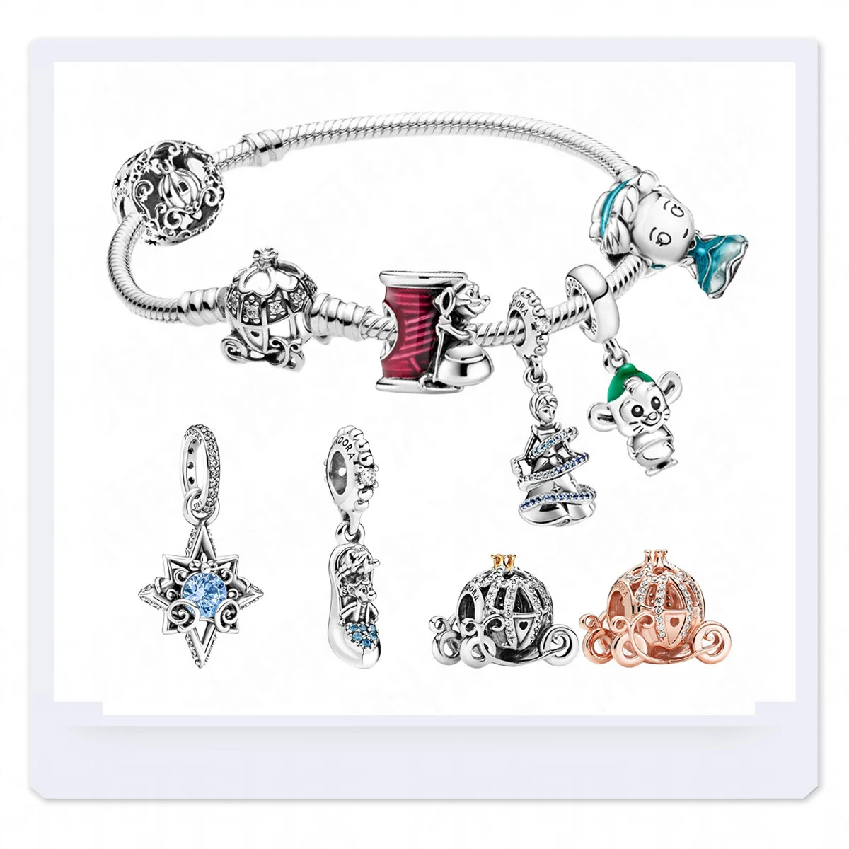 Женский браслет из серебра 2022 пробы с бусинами Золушка Дамбо Стич |