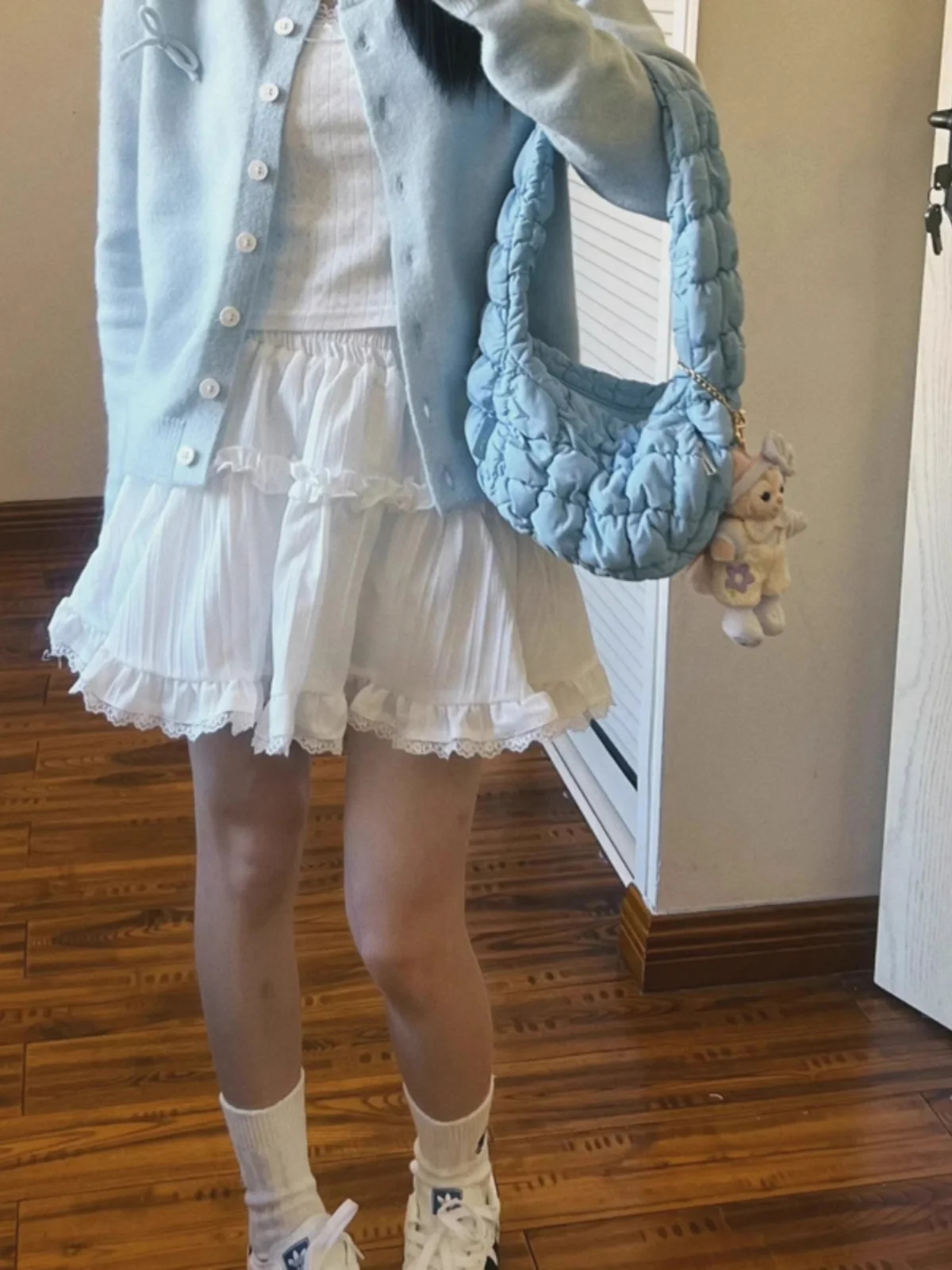 Балетный вязаный кардиган с бантом синий свитер женский милый корейский осенняя