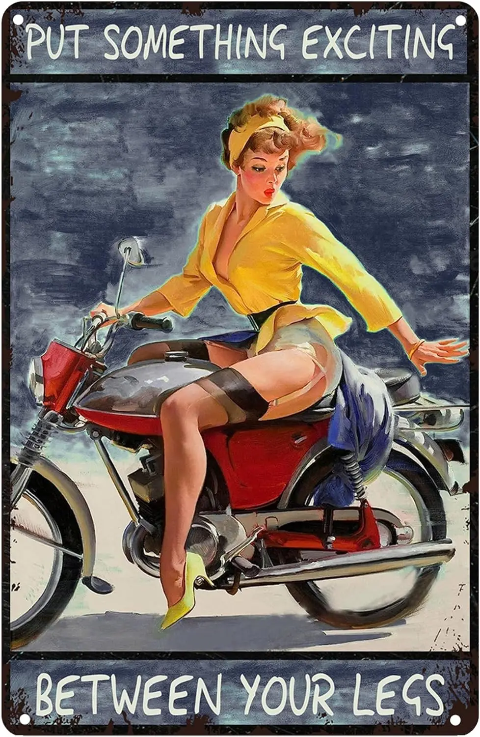 

Motorcycle Pinup Girl Something Exciting Metal Tin Signs - Vintage Wall Decor Retro Art Tin Sign - Funny Decorations for Home Ba